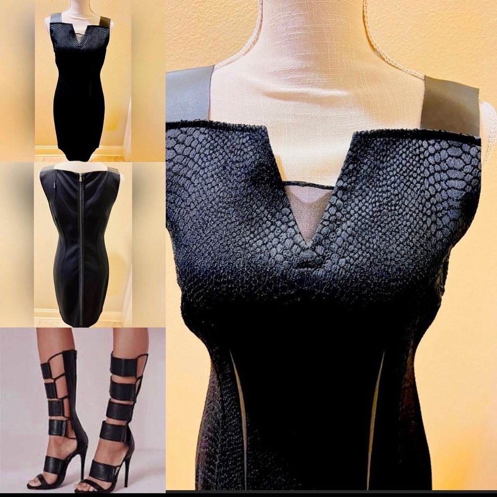 T TAHIRI Black Dress. Wide LEATHER shoulder Straps. Zipper back. Size 4. NEW